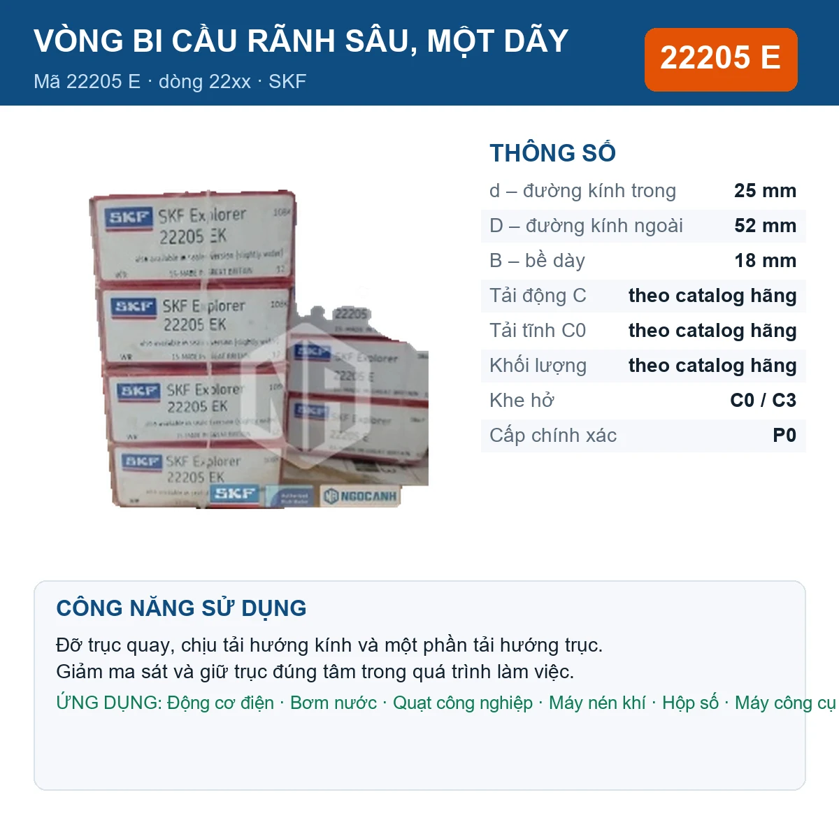 Vòng bi SKF 22205 E — kích thước 25x52x18mm