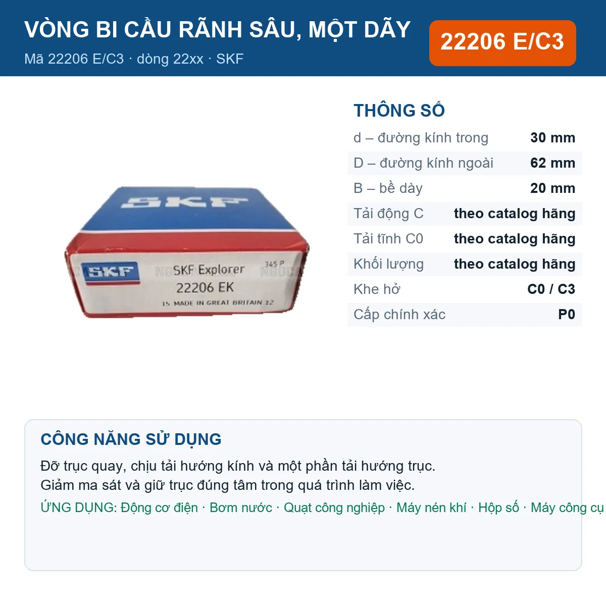Vòng bi SKF 22206 E/C3 — kích thước 30x62x20mm