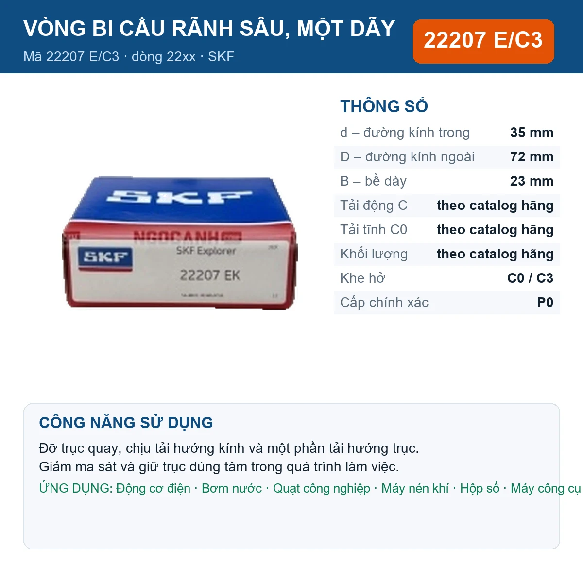 Vòng bi SKF 22207 E/C3 — kích thước 35x72x23mm