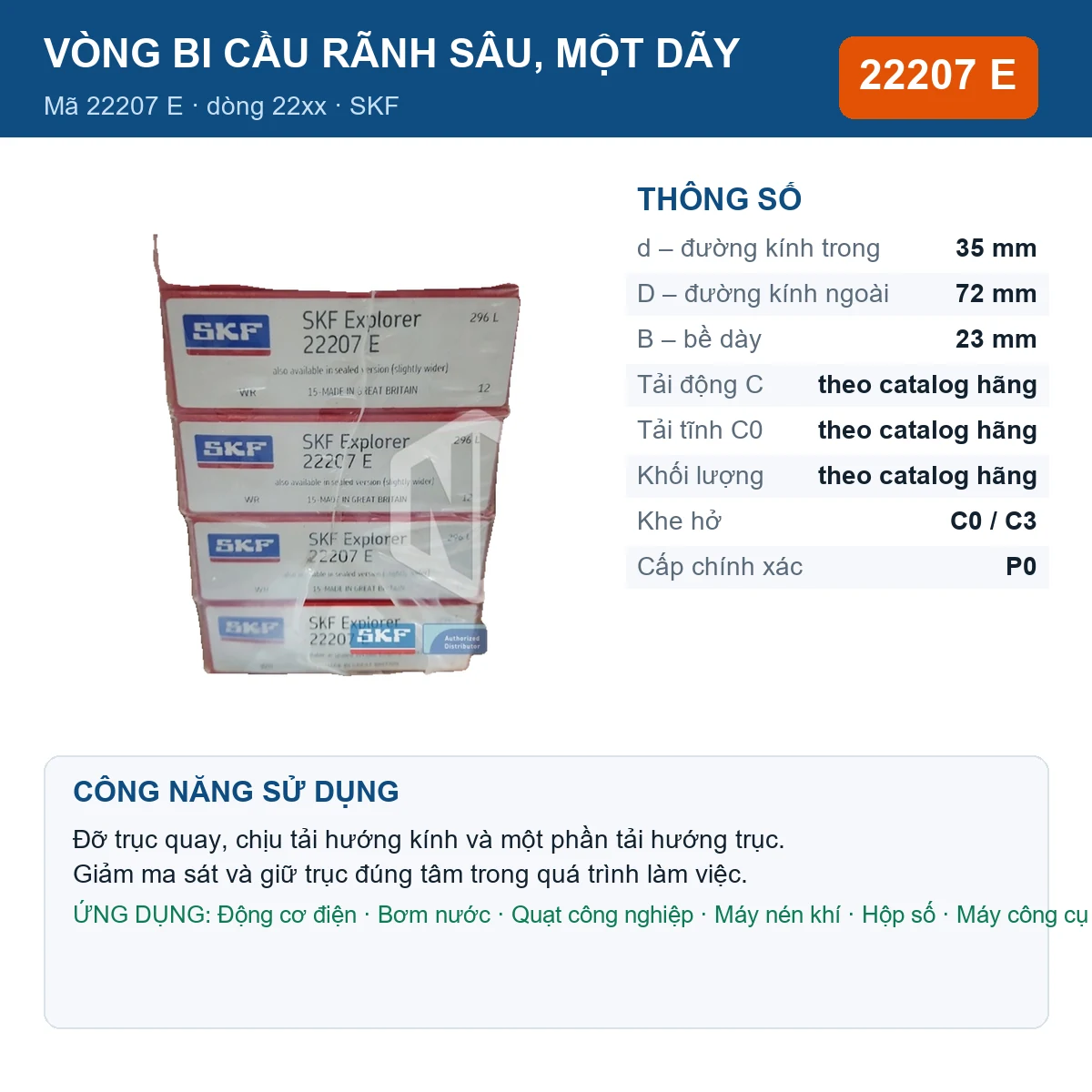 Vòng bi SKF 22207 E — kích thước 35x72x23mm