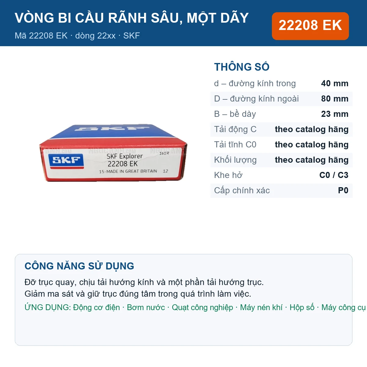 Vòng bi SKF 22208 EK — kích thước 40x80x23mm