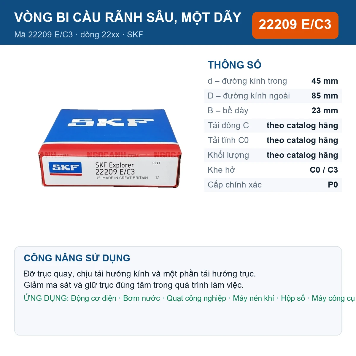 Vòng bi SKF 22209 E/C3 — kích thước 45x85x23mm