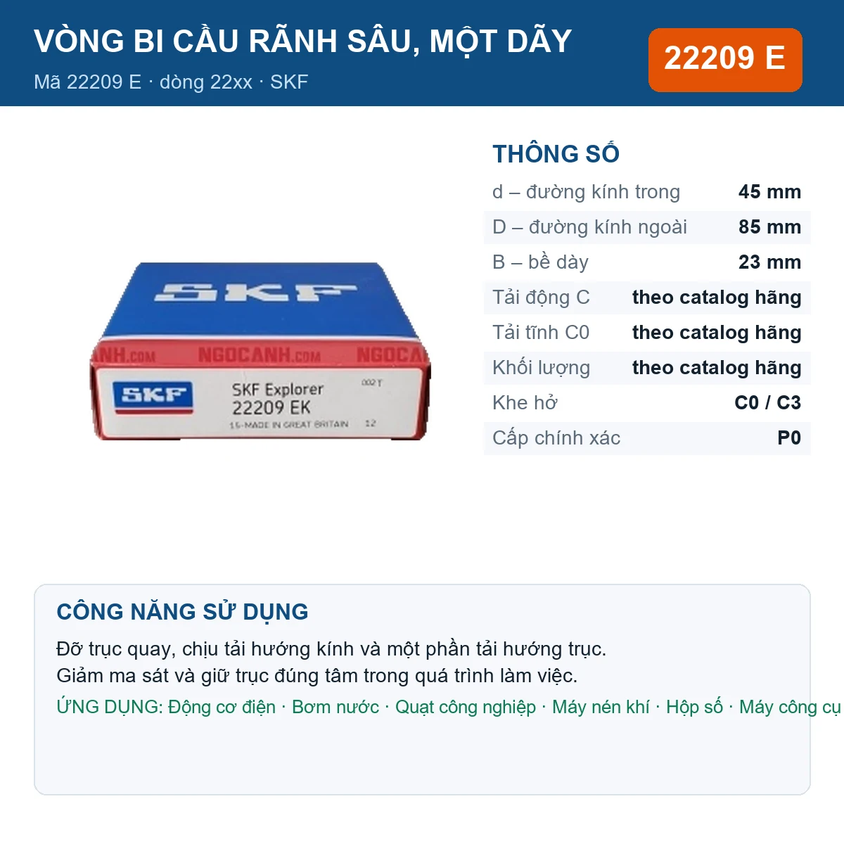 Vòng bi SKF 22209 E — kích thước 45x85x23mm