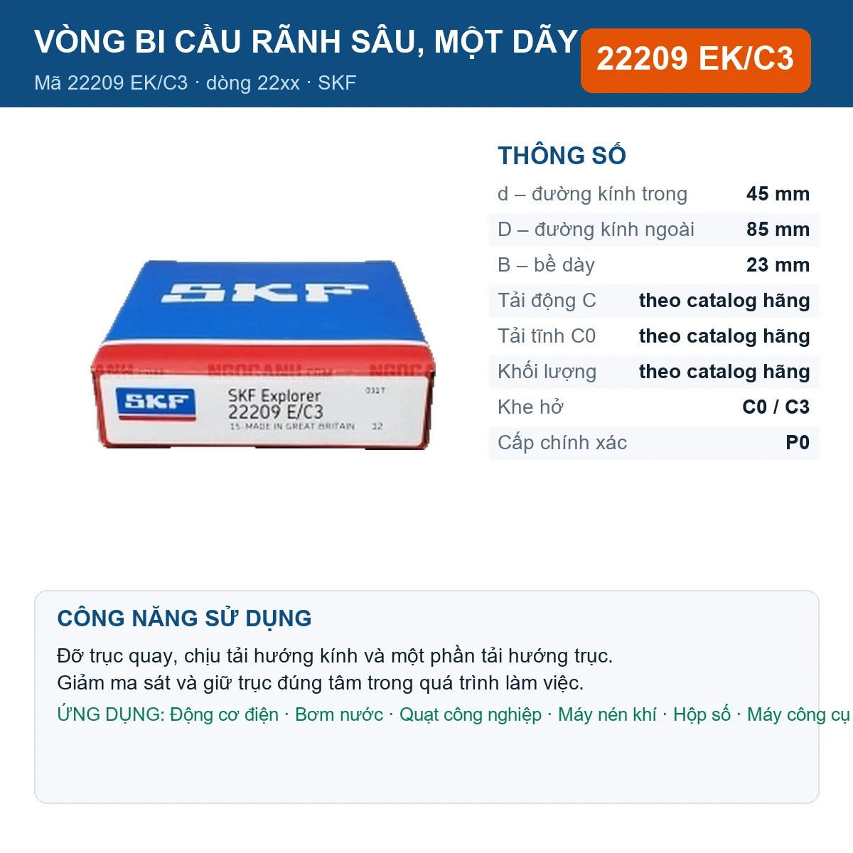 Vòng bi SKF 22209 EK/C3 — kích thước 45x85x23mm