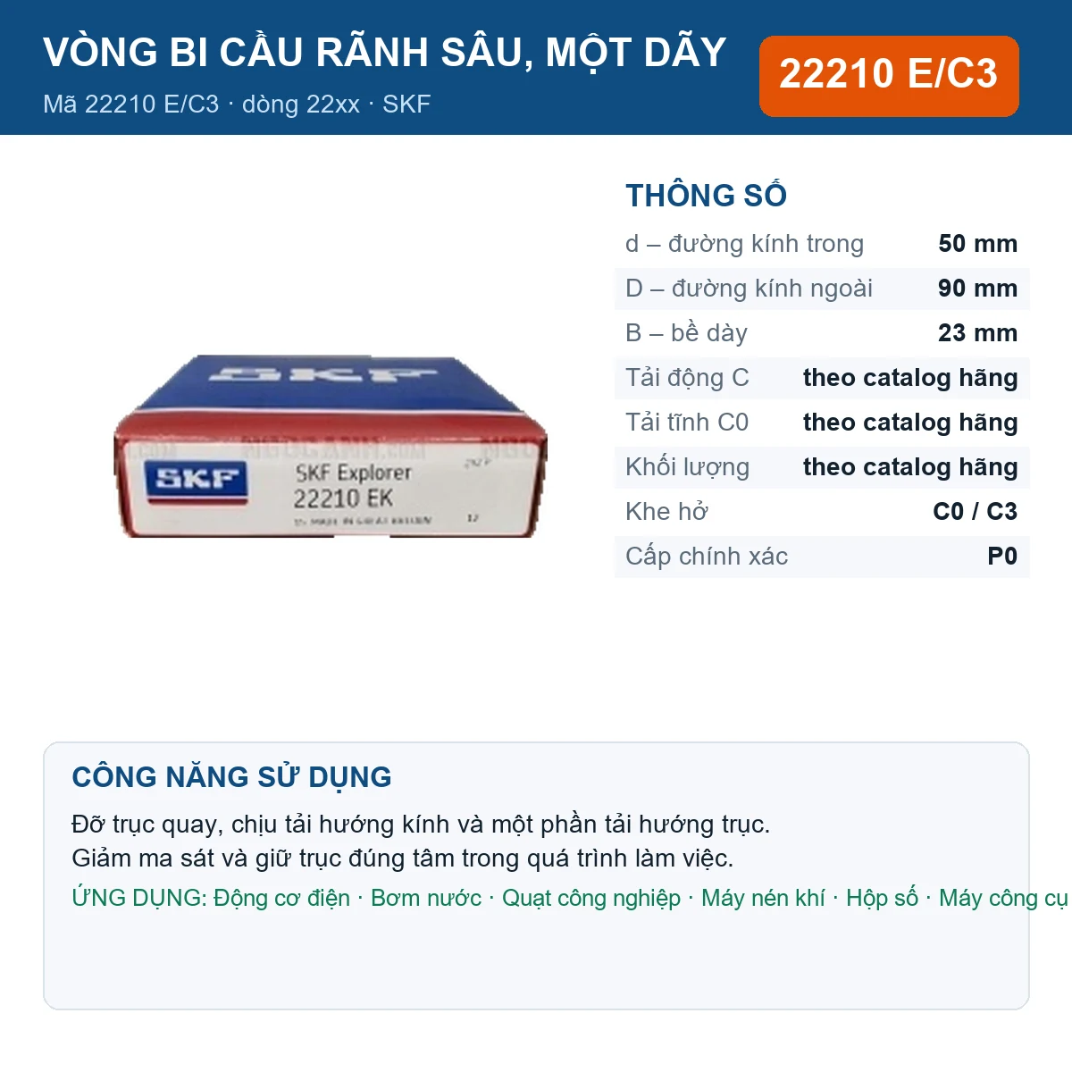 Vòng bi SKF 22210 E/C3 — kích thước 50x90x23mm