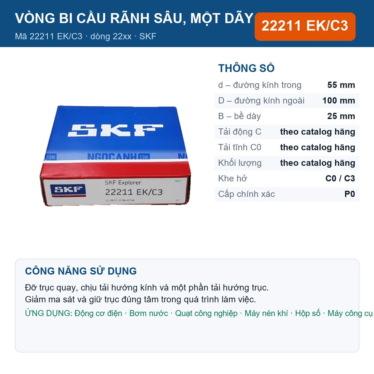 Vòng bi SKF 22211 EK/C3 — kích thước 55x100x25mm