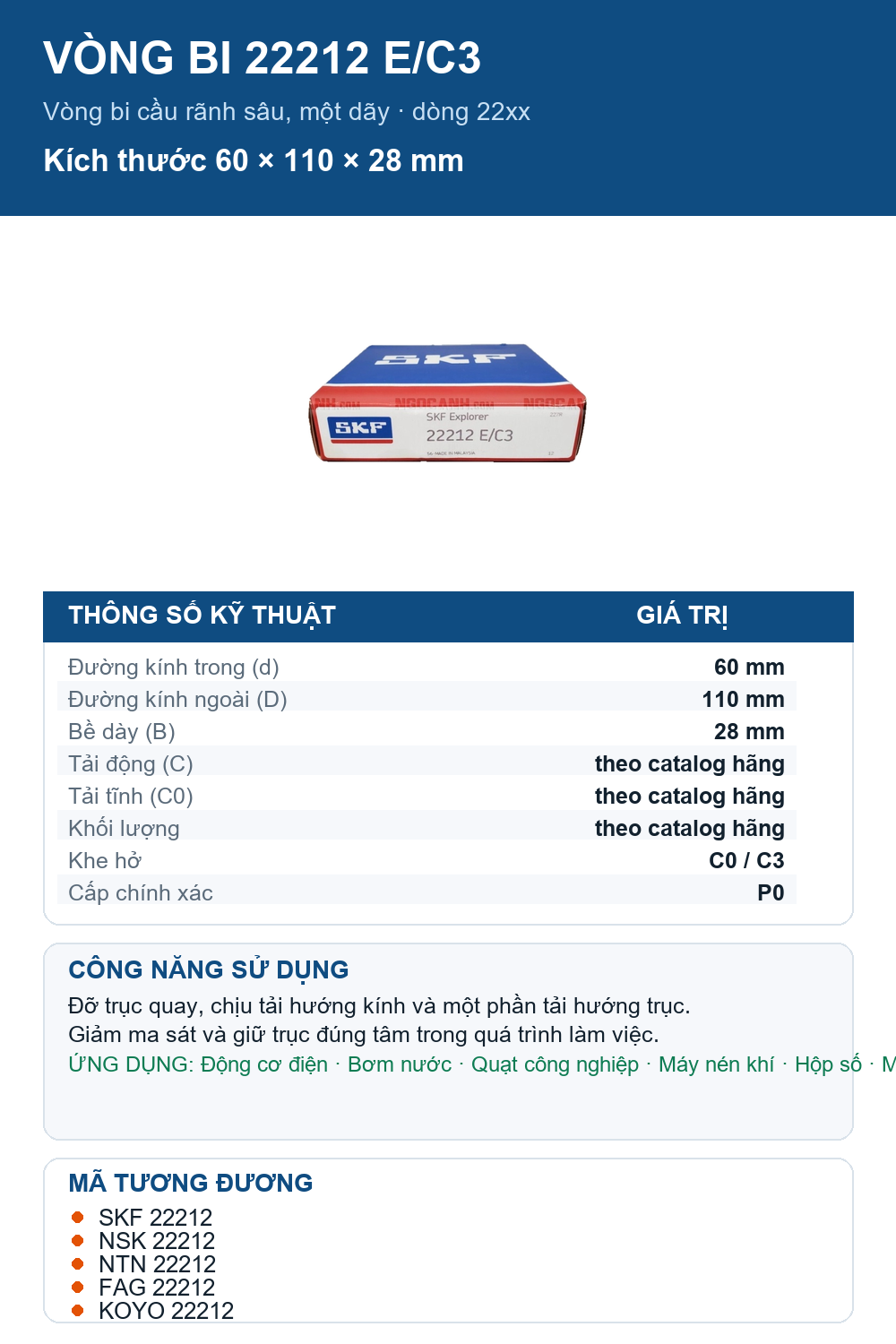 Vòng bi SKF 22212 E/C3 60x110x28mm — Ảnh thông số (Pinterest)