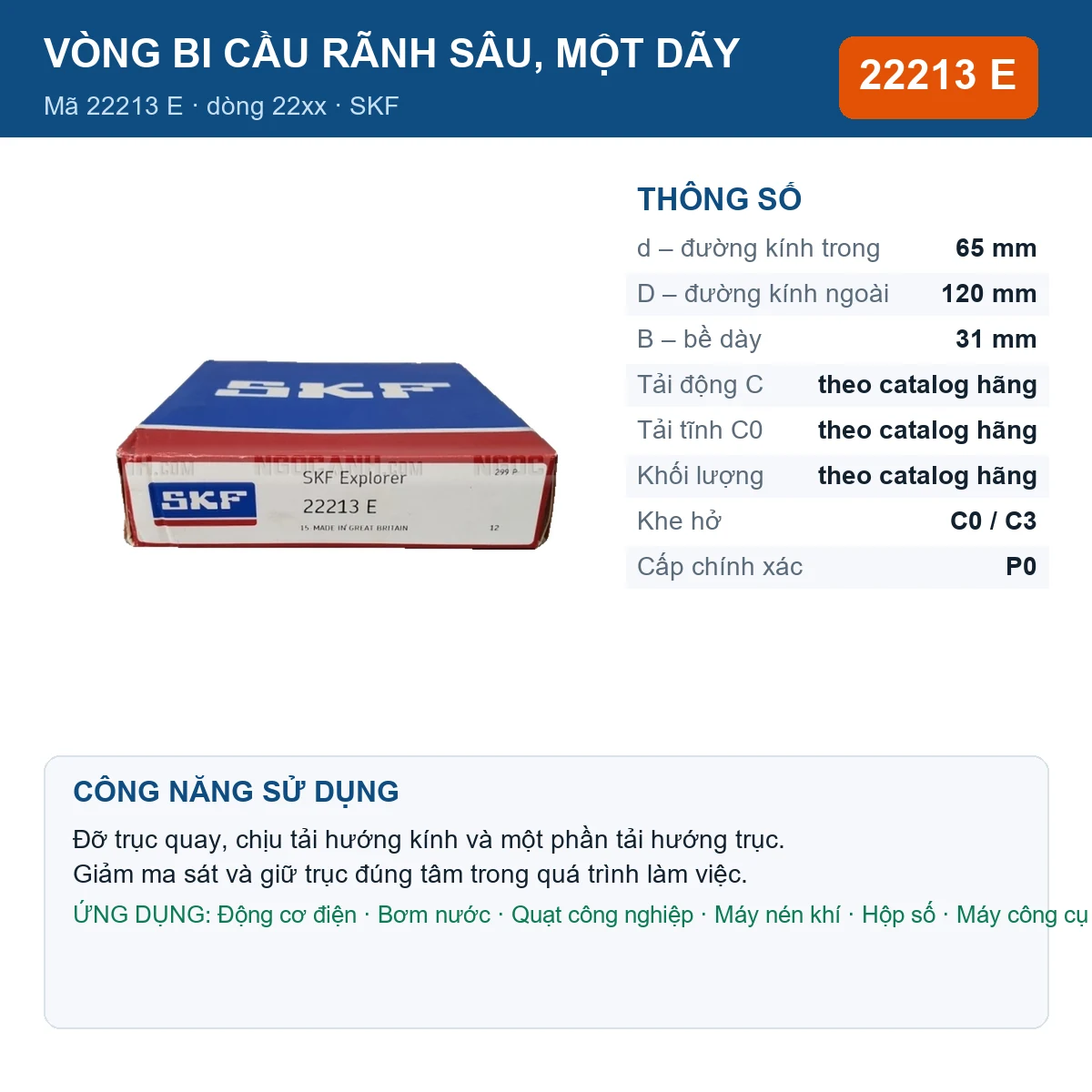 Vòng bi SKF 22213 E — kích thước 65x120x31mm