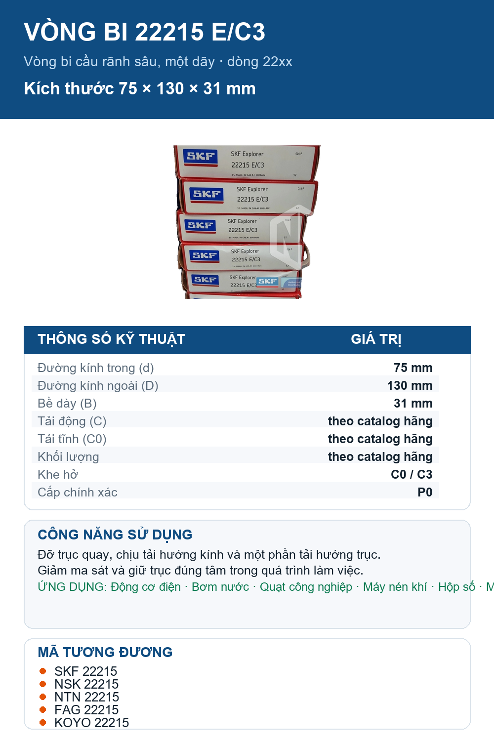 Vòng bi SKF 22215 E/C3 75x130x31mm — Ảnh thông số (Pinterest)
