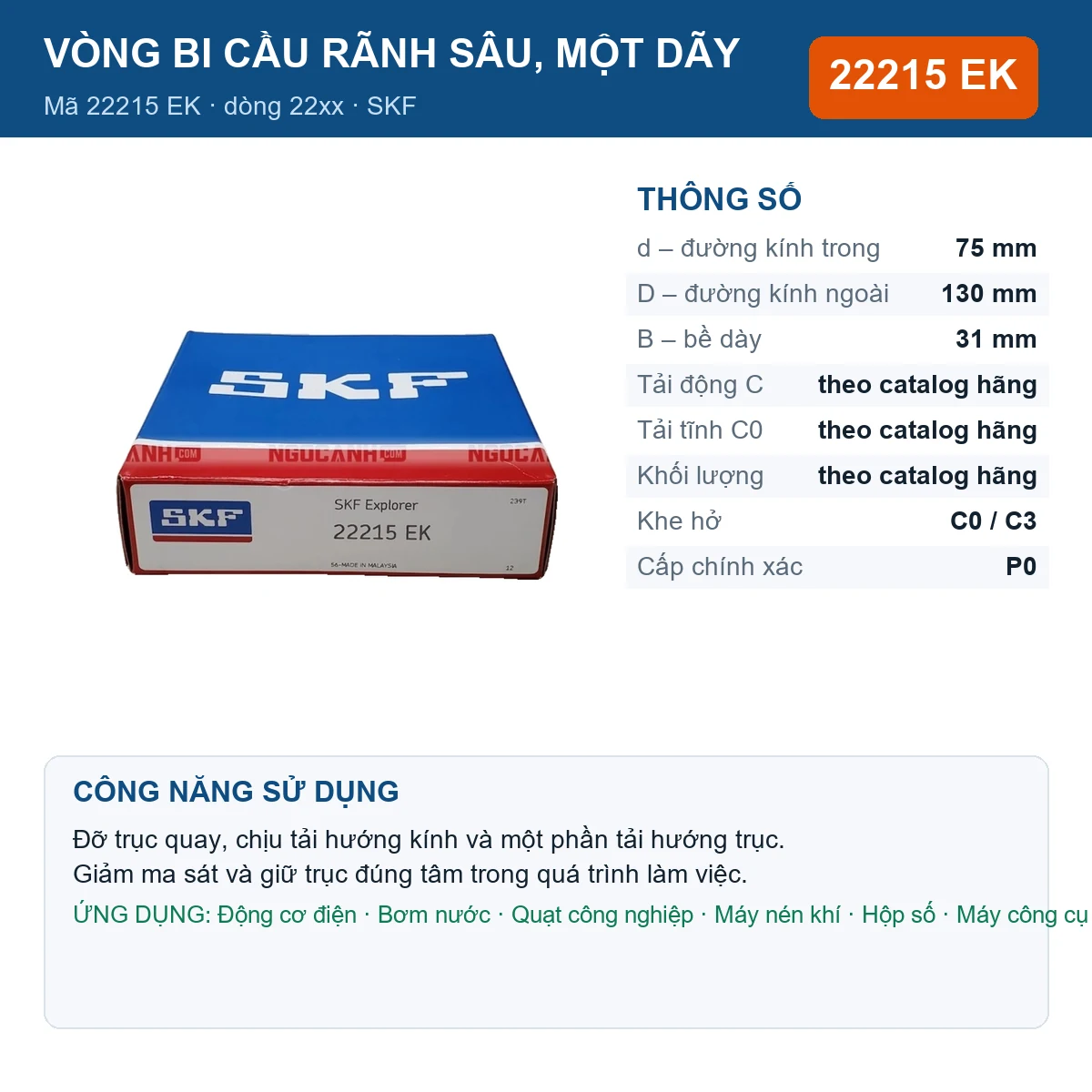 Vòng bi SKF 22215 EK — kích thước 75x130x31mm
