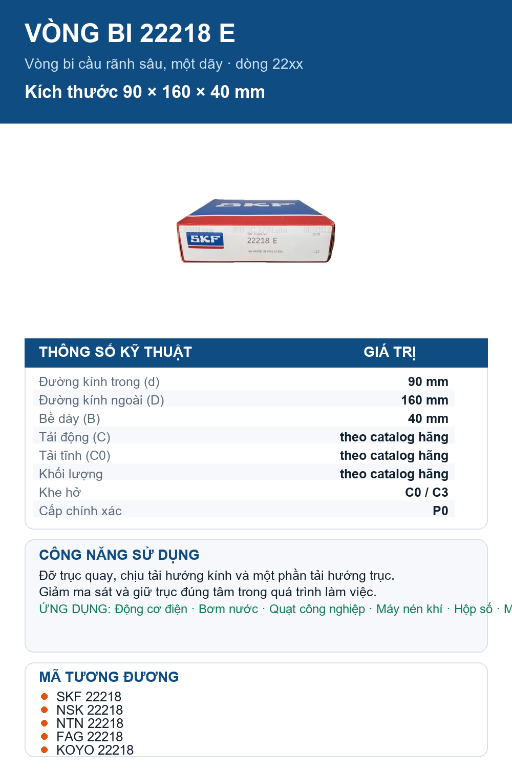 Vòng bi SKF 22218 E 90x160x40mm — Ảnh thông số (Pinterest)