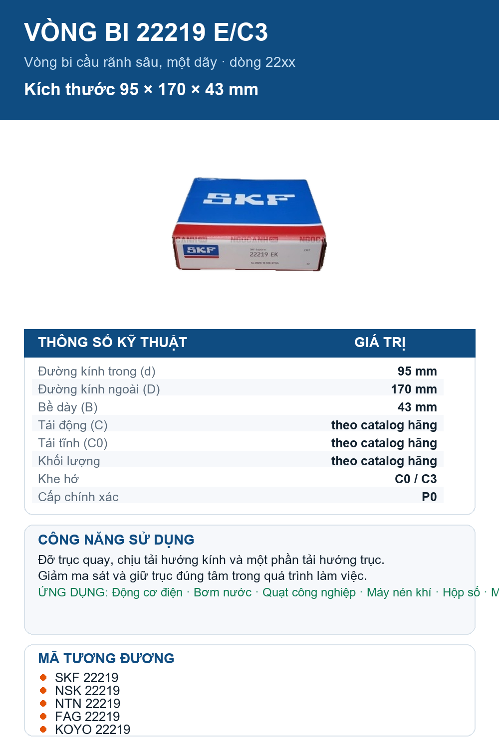 Vòng bi SKF 22219 E/C3 95x170x43mm — Ảnh thông số (Pinterest)
