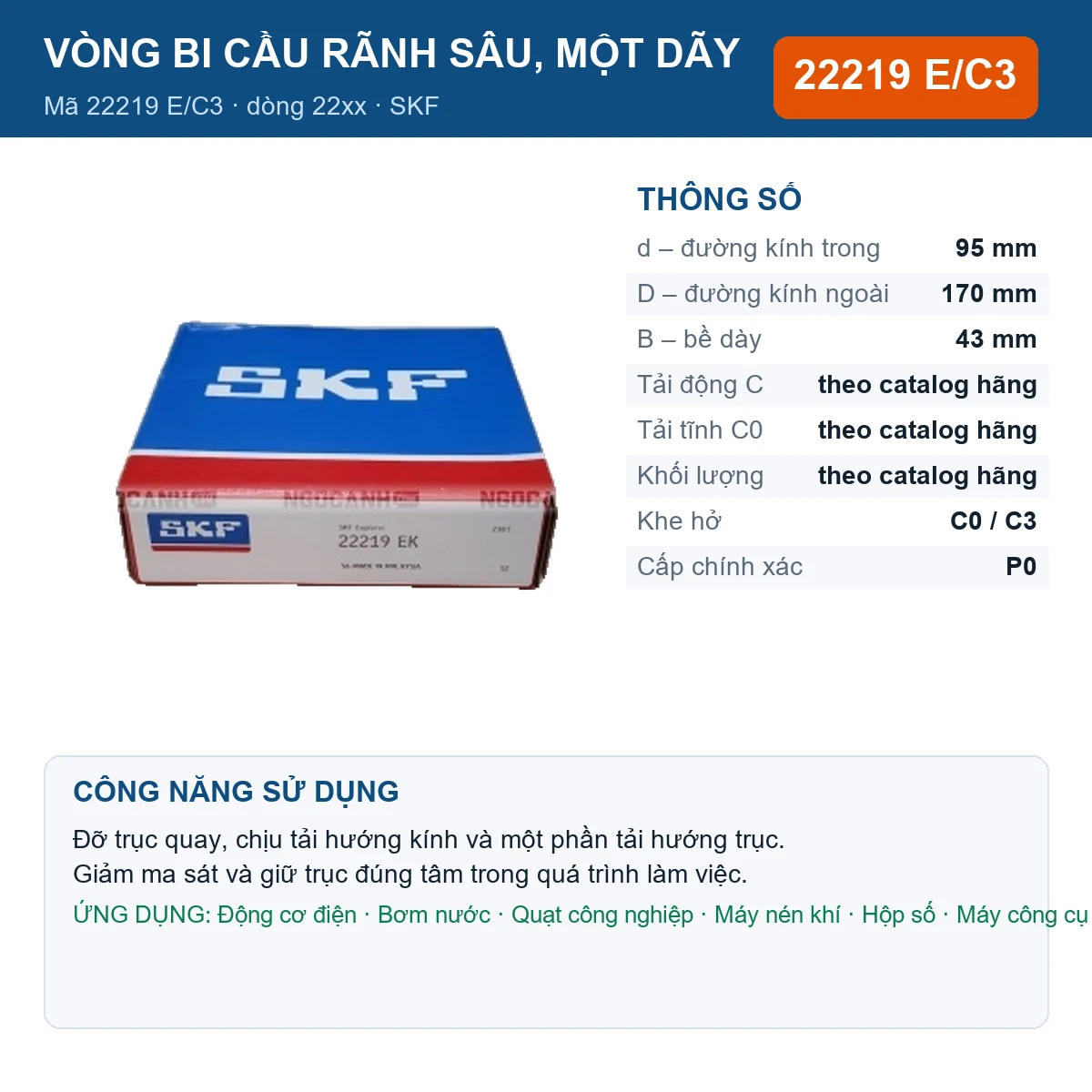 Vòng bi SKF 22219 E/C3 — kích thước 95x170x43mm