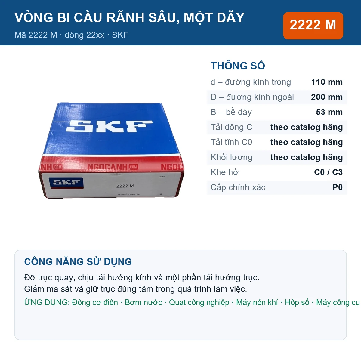Vòng bi SKF 2222 M — kích thước 110x200x53mm