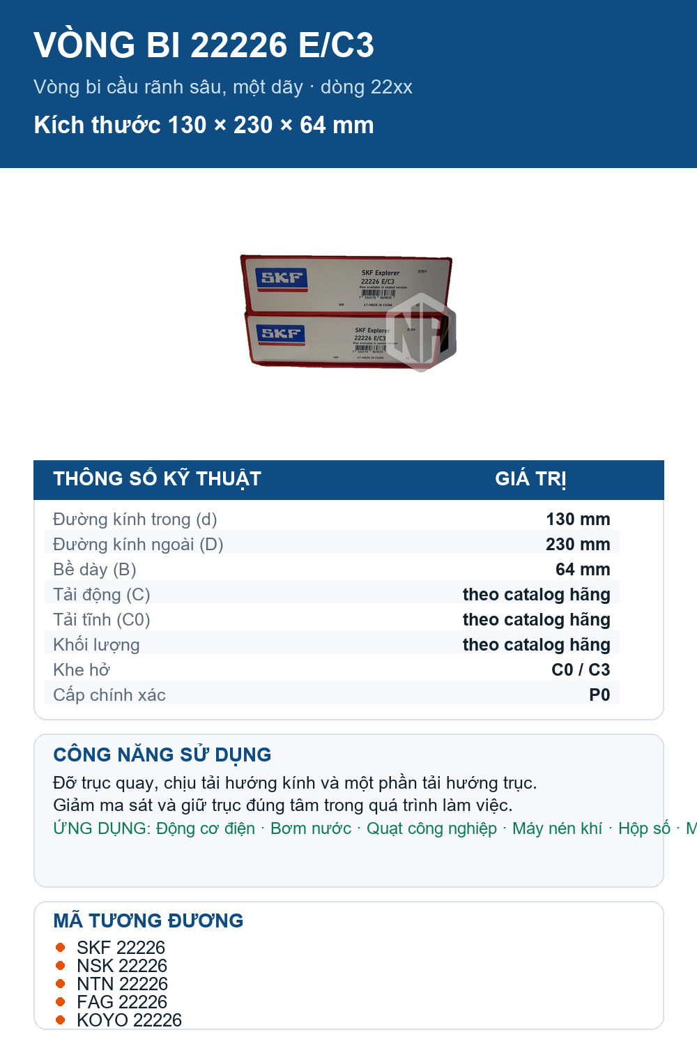 Vòng bi SKF 22226 E/C3 130x230x64mm — Ảnh thông số (Pinterest)