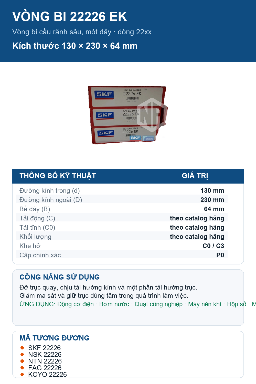 Vòng bi SKF 22226 EK 130x230x64mm — Ảnh thông số (Pinterest)
