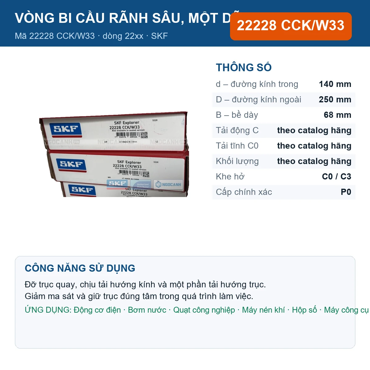 Vòng bi SKF 22228 CCK/W33 — kích thước 140x250x68mm