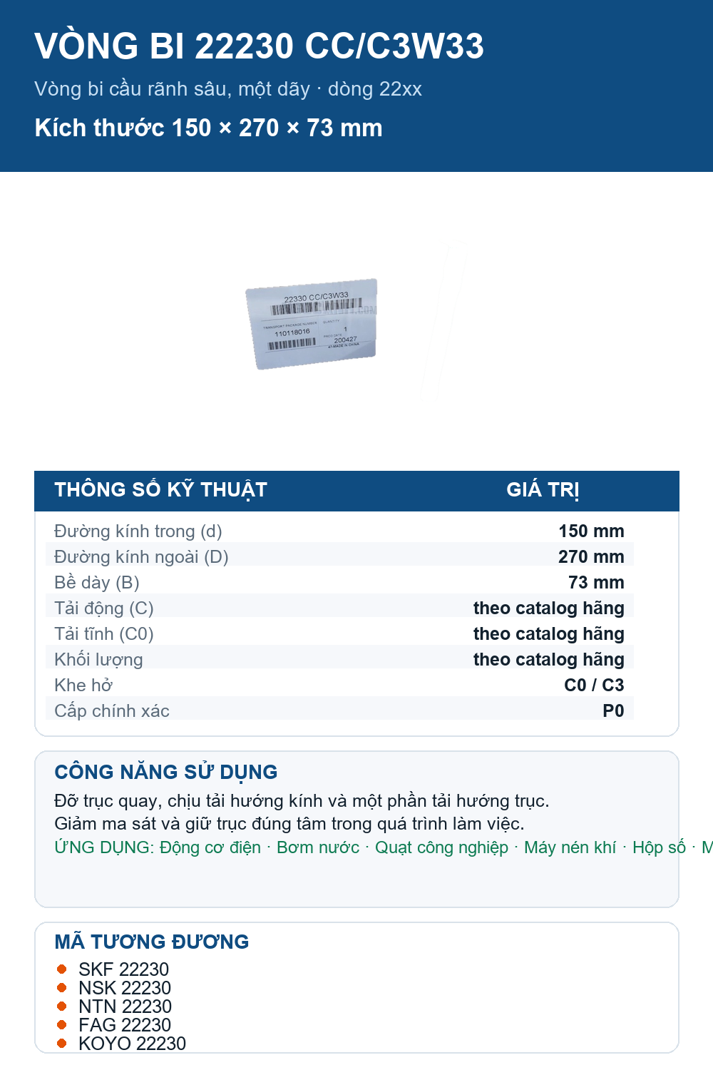 Vòng bi SKF 22230 CC/C3W33 150x270x73mm — Ảnh thông số (Pinterest)