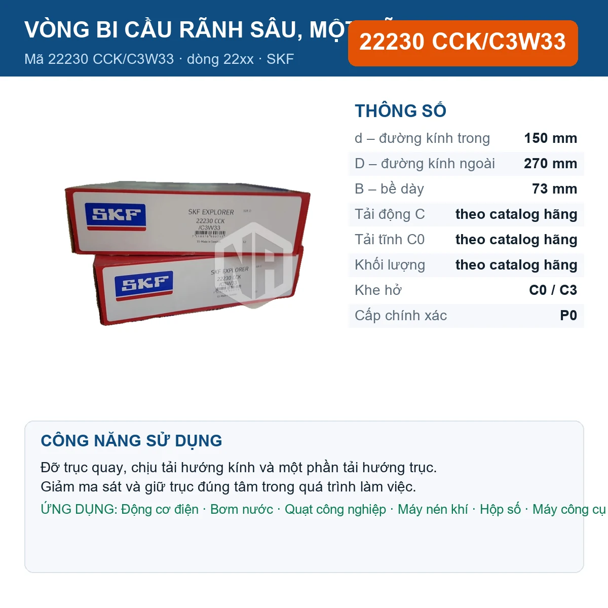 Vòng bi SKF 22230 CCK/C3W33 — kích thước 150x270x73mm