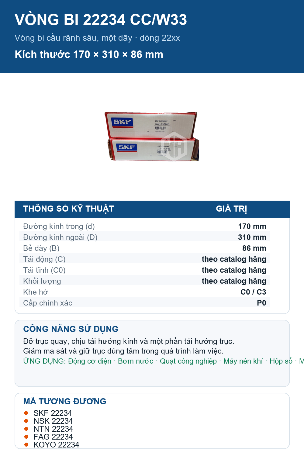 Vòng bi SKF 22234 CC/W33 170x310x86mm — Ảnh thông số (Pinterest)