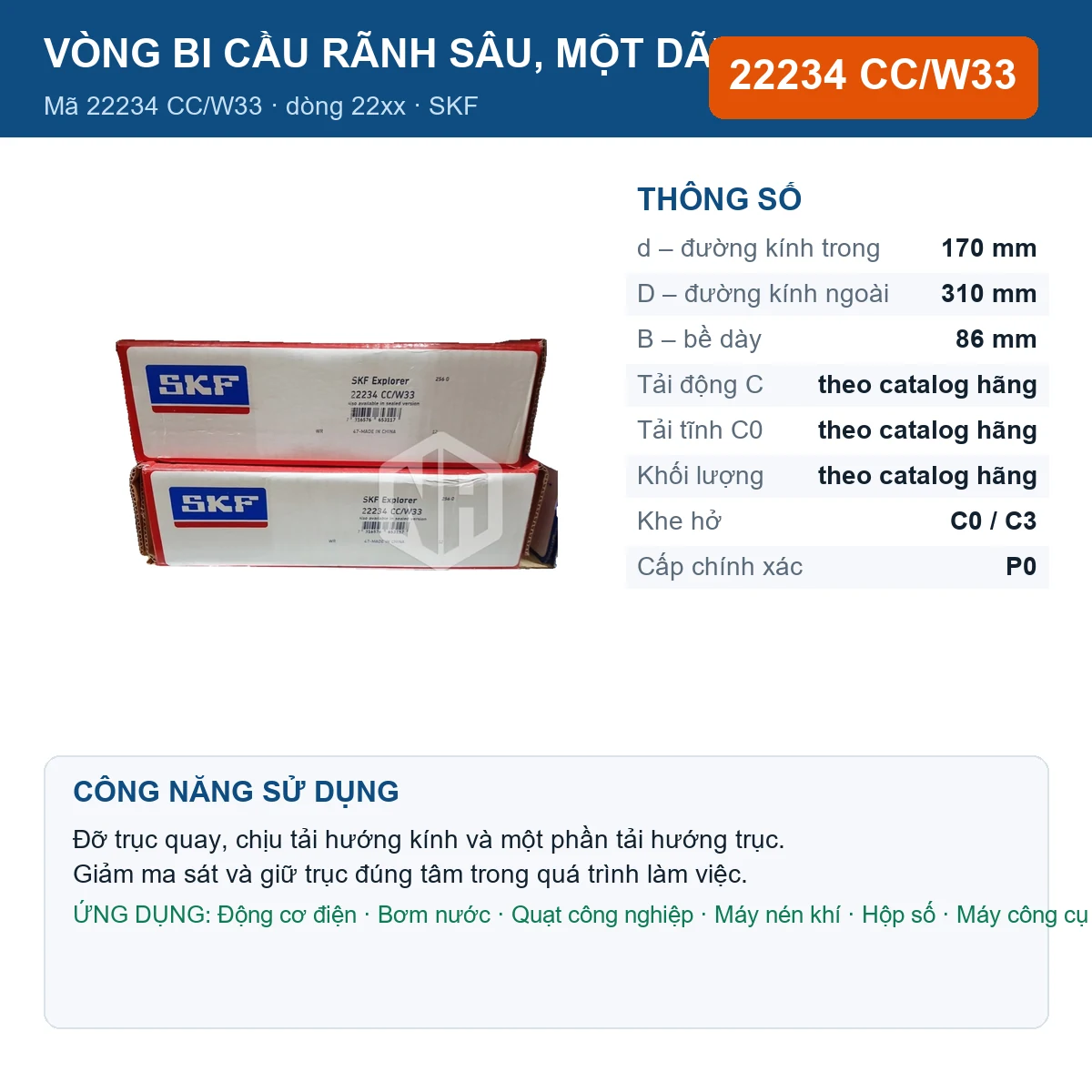 Vòng bi SKF 22234 CC/W33 — kích thước 170x310x86mm