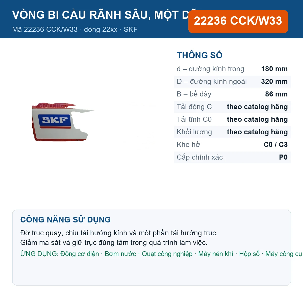 Vòng bi SKF 22236 CCK/W33 — kích thước 180x320x86mm
