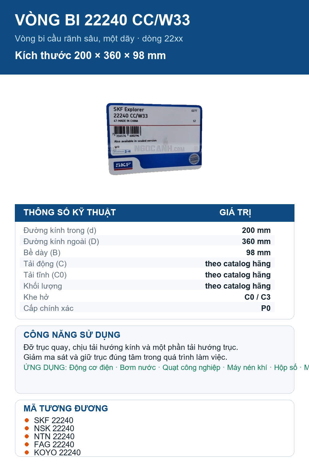 Vòng bi SKF 22240 CC/W33 200x360x98mm — Ảnh thông số (Pinterest)