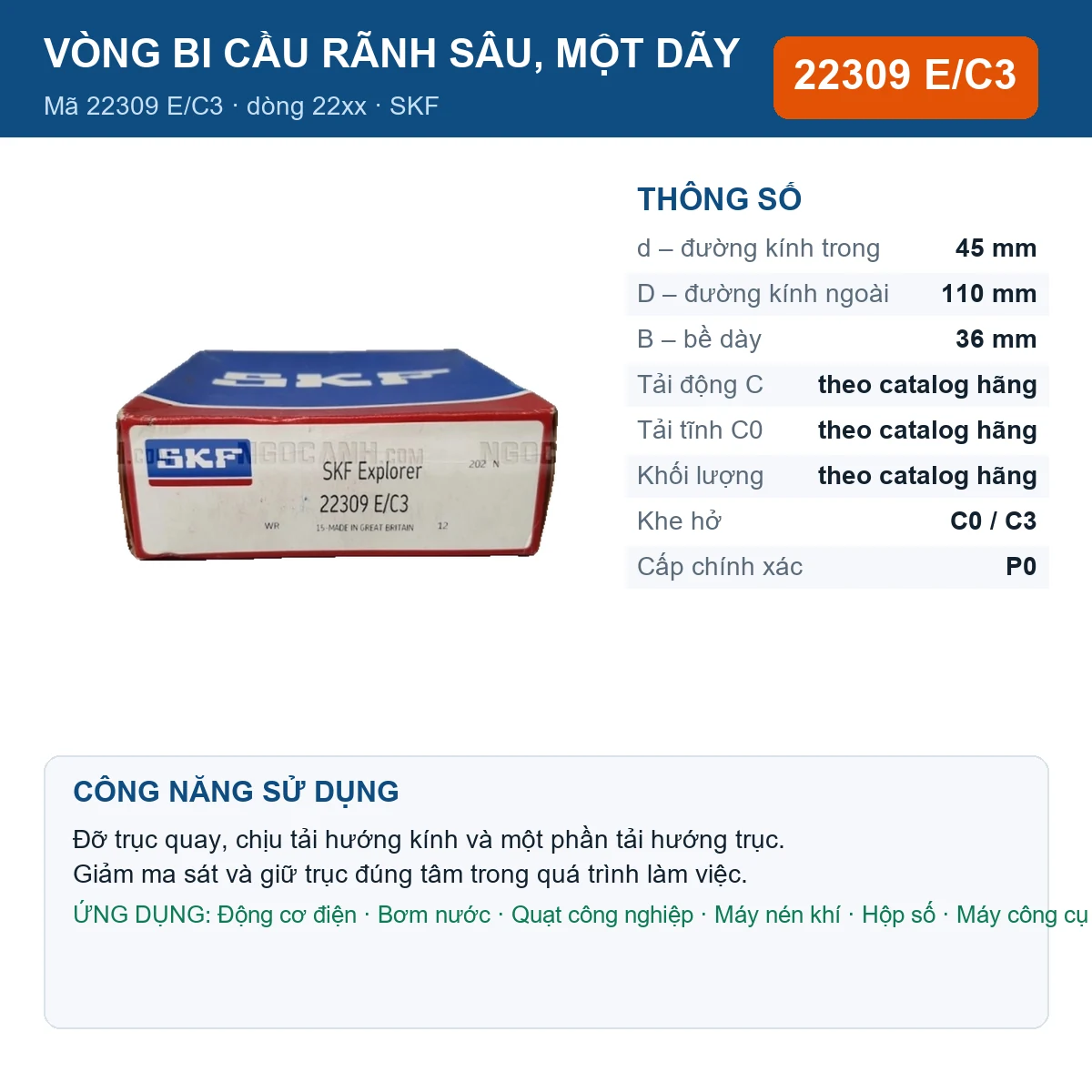 Vòng bi SKF 22309 E/C3 — kích thước 45x110x36mm
