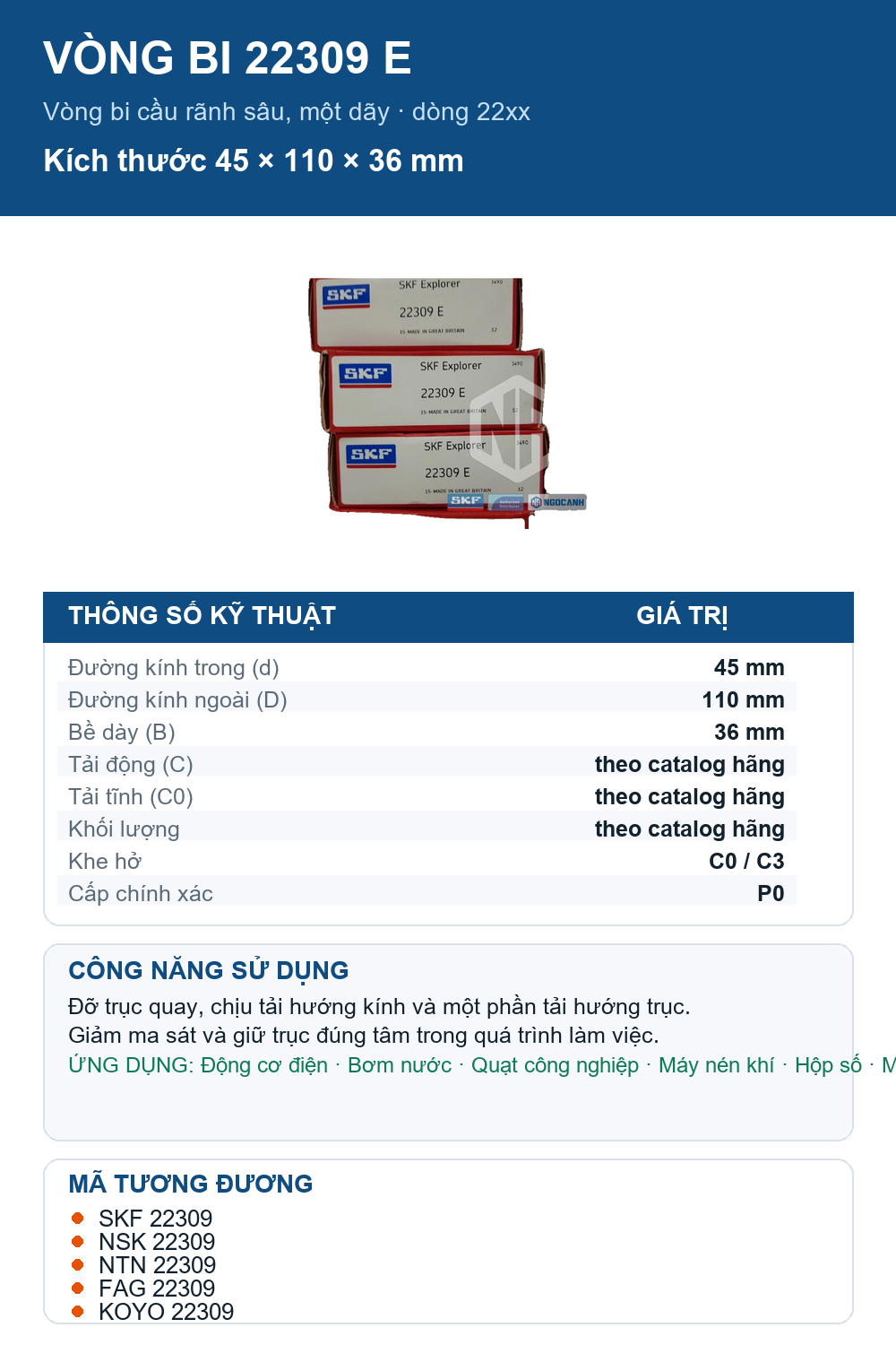 Vòng bi SKF 22309 E 45x110x36mm — Ảnh thông số (Pinterest)