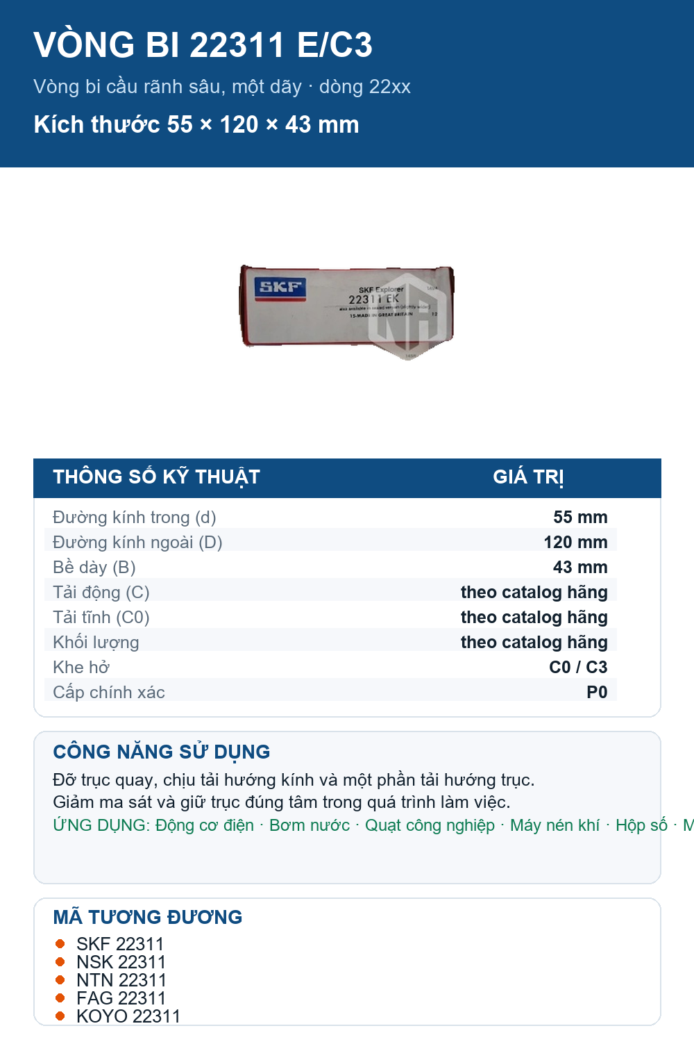Vòng bi SKF 22311 E/C3 55x120x43mm — Ảnh thông số (Pinterest)