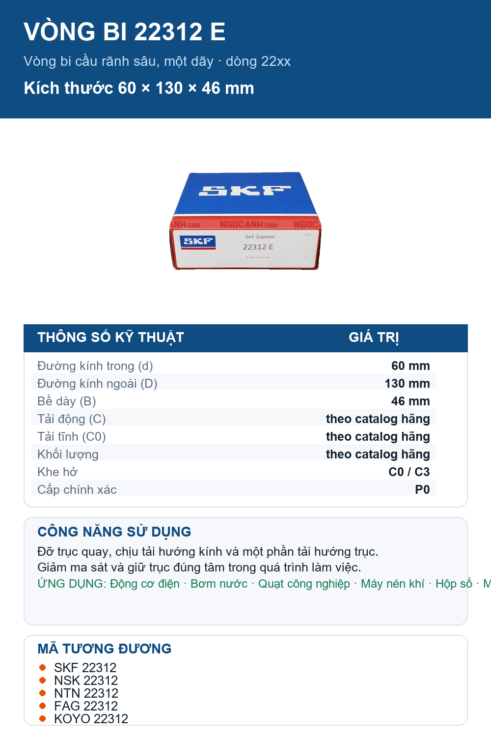 Vòng bi SKF 22312 E 60x130x46mm — Ảnh thông số (Pinterest)