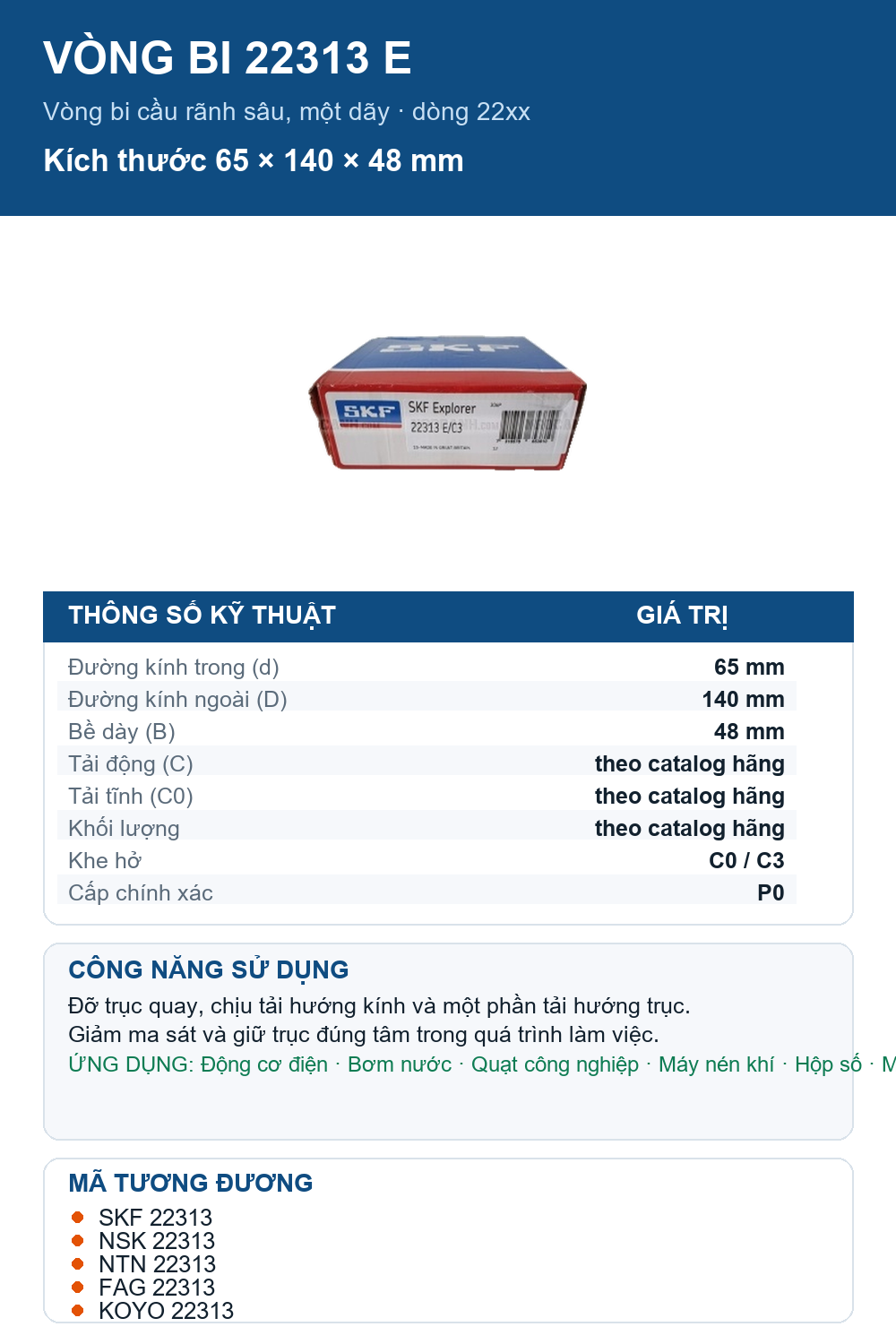 Vòng bi SKF 22313 E 65x140x48mm — Ảnh thông số (Pinterest)