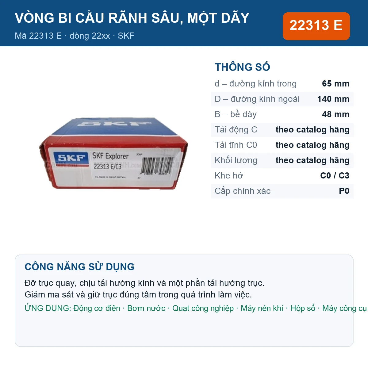 Vòng bi SKF 22313 E — kích thước 65x140x48mm