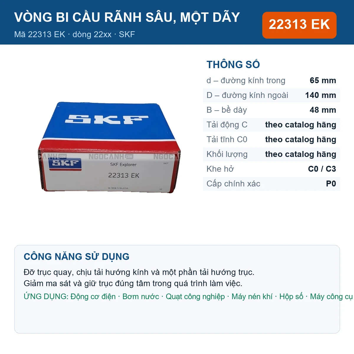 Vòng bi SKF 22313 EK — kích thước 65x140x48mm