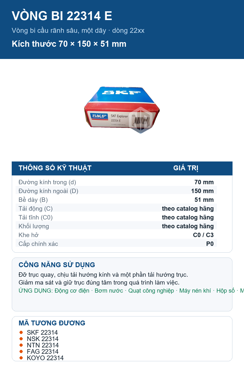Vòng bi SKF 22314 E 70x150x51mm — Ảnh thông số (Pinterest)