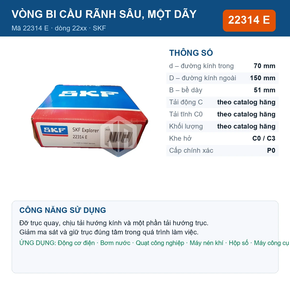 Vòng bi SKF 22314 E — kích thước 70x150x51mm