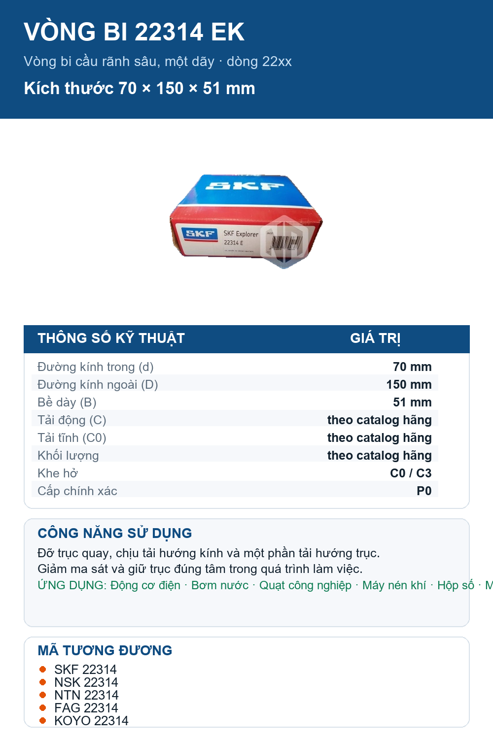 Vòng bi SKF 22314 EK 70x150x51mm — Ảnh thông số (Pinterest)