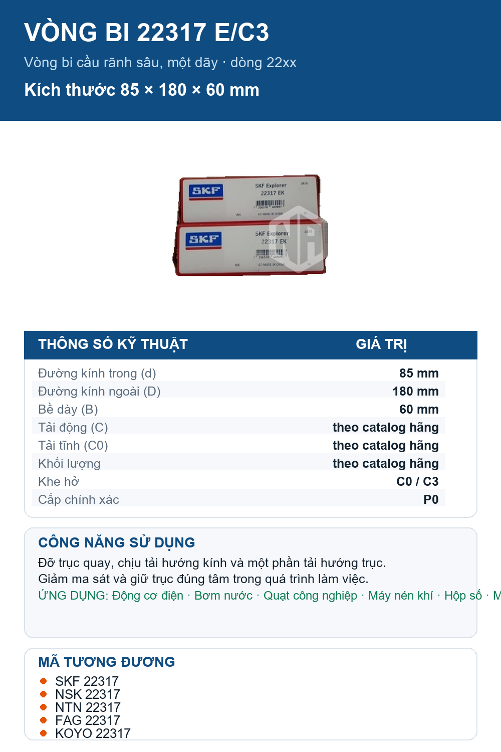 Vòng bi SKF 22317 E/C3 85x180x60mm — Ảnh thông số (Pinterest)