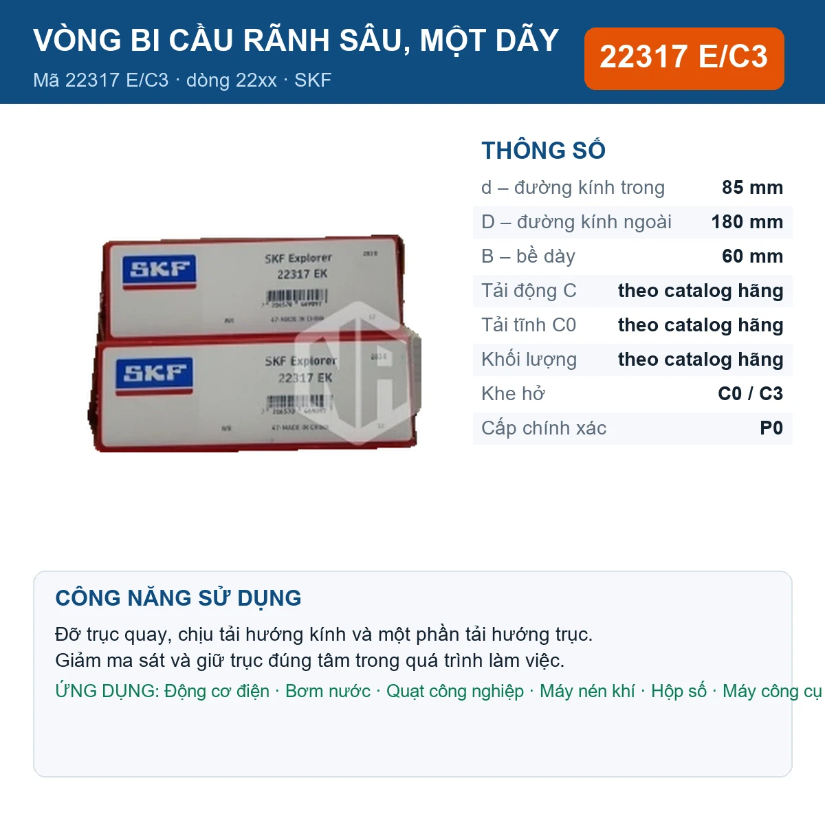 Vòng bi SKF 22317 E/C3 — kích thước 85x180x60mm
