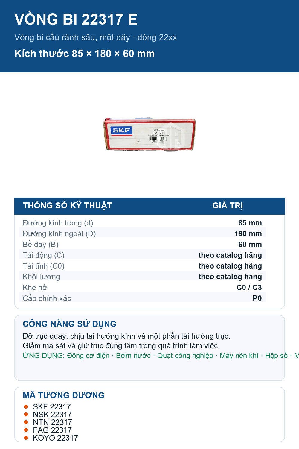 Vòng bi SKF 22317 E 85x180x60mm — Ảnh thông số (Pinterest)