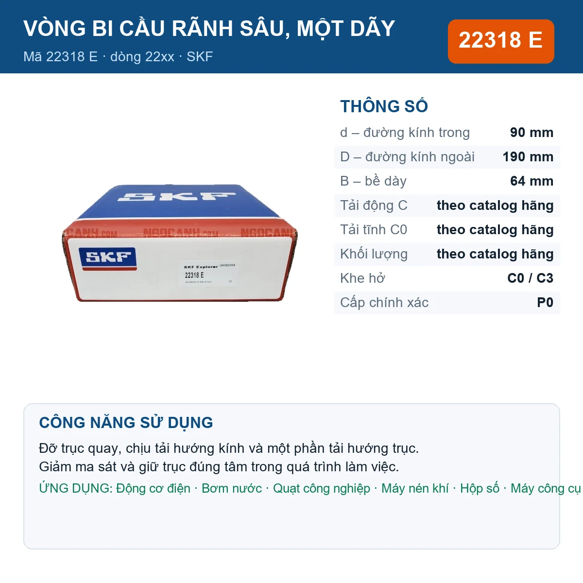 Vòng bi SKF 22318 E — kích thước 90x190x64mm