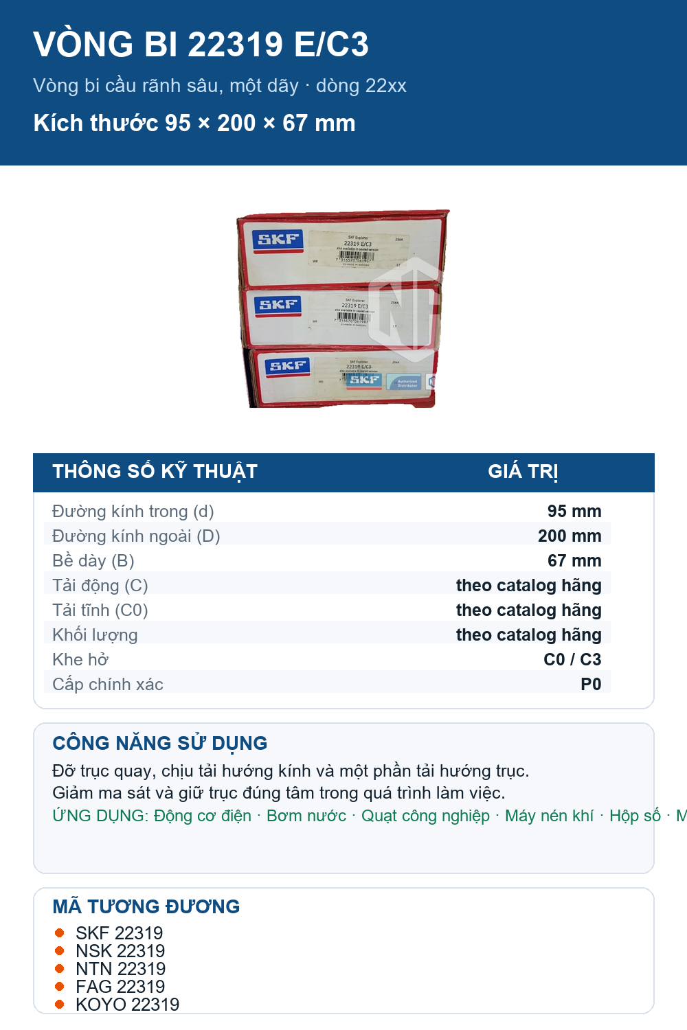 Vòng bi SKF 22319 E/C3 95x200x67mm — Ảnh thông số (Pinterest)
