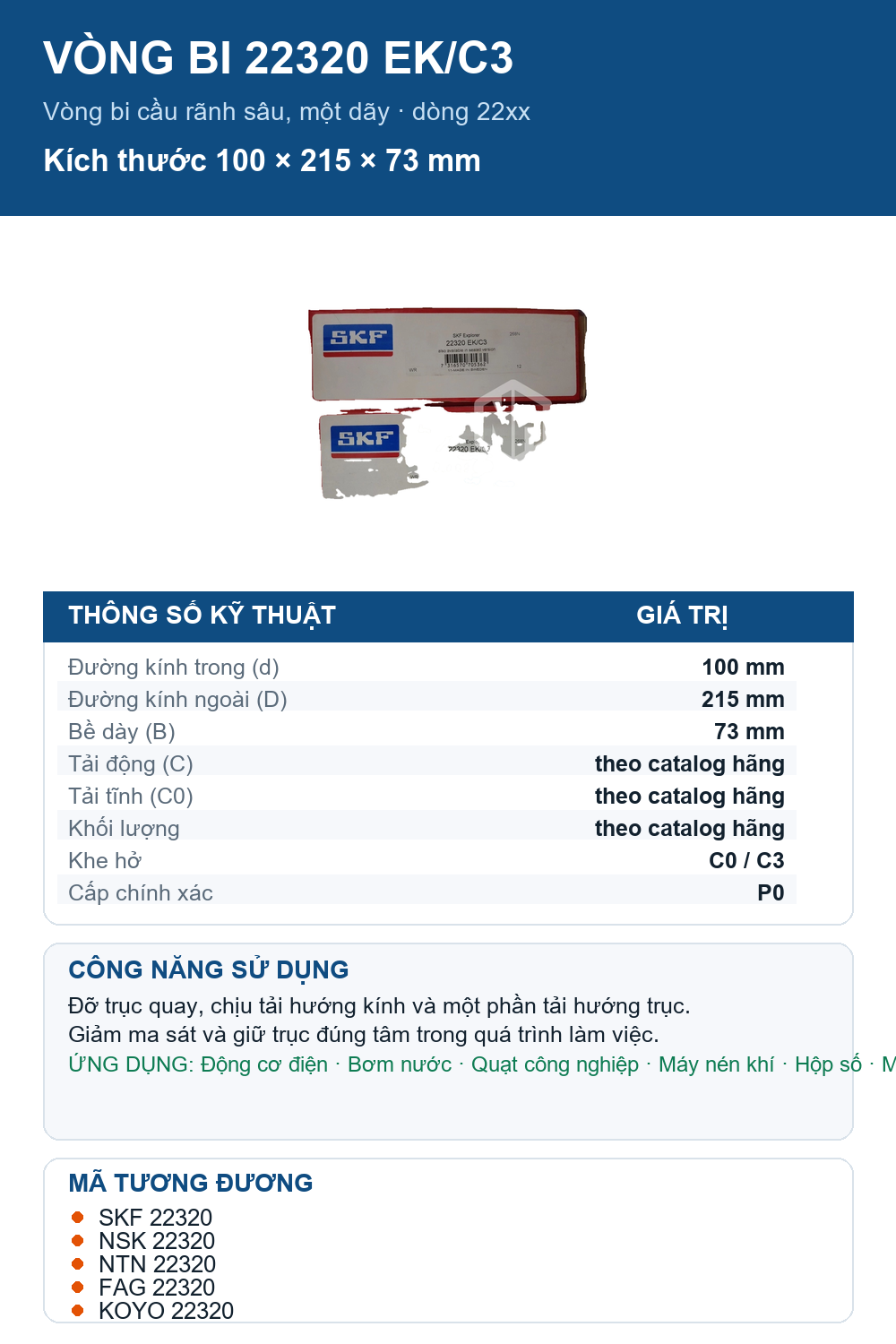 Vòng bi SKF 22320 EK/C3 100x215x73mm — Ảnh thông số (Pinterest)