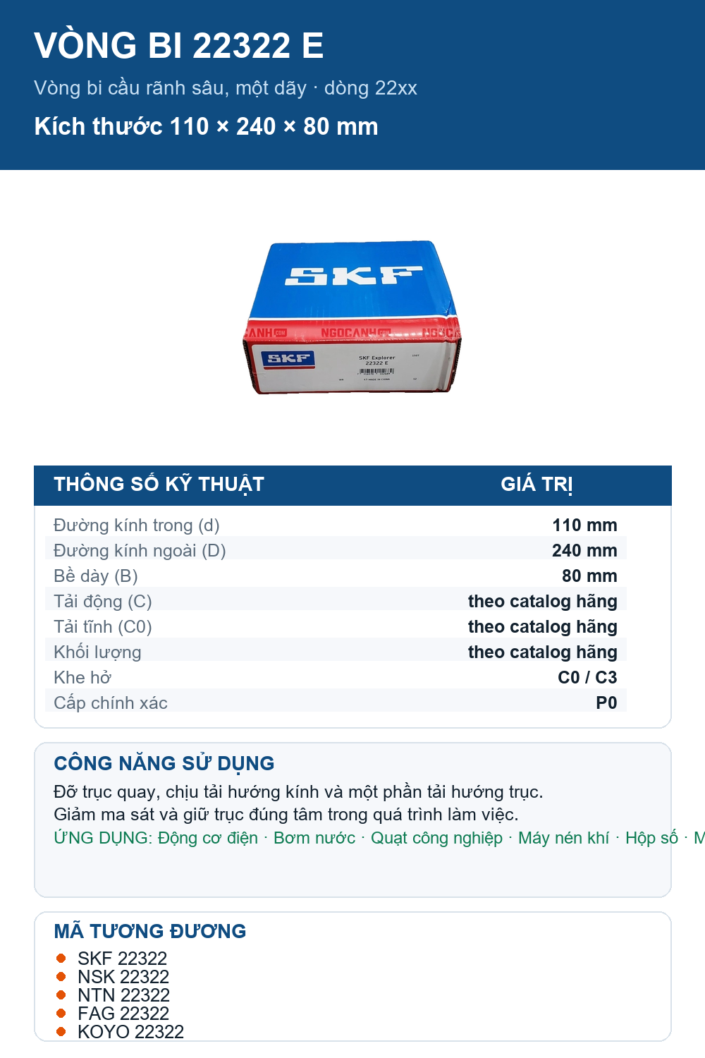 Vòng bi SKF 22322 E 110x240x80mm — Ảnh thông số (Pinterest)