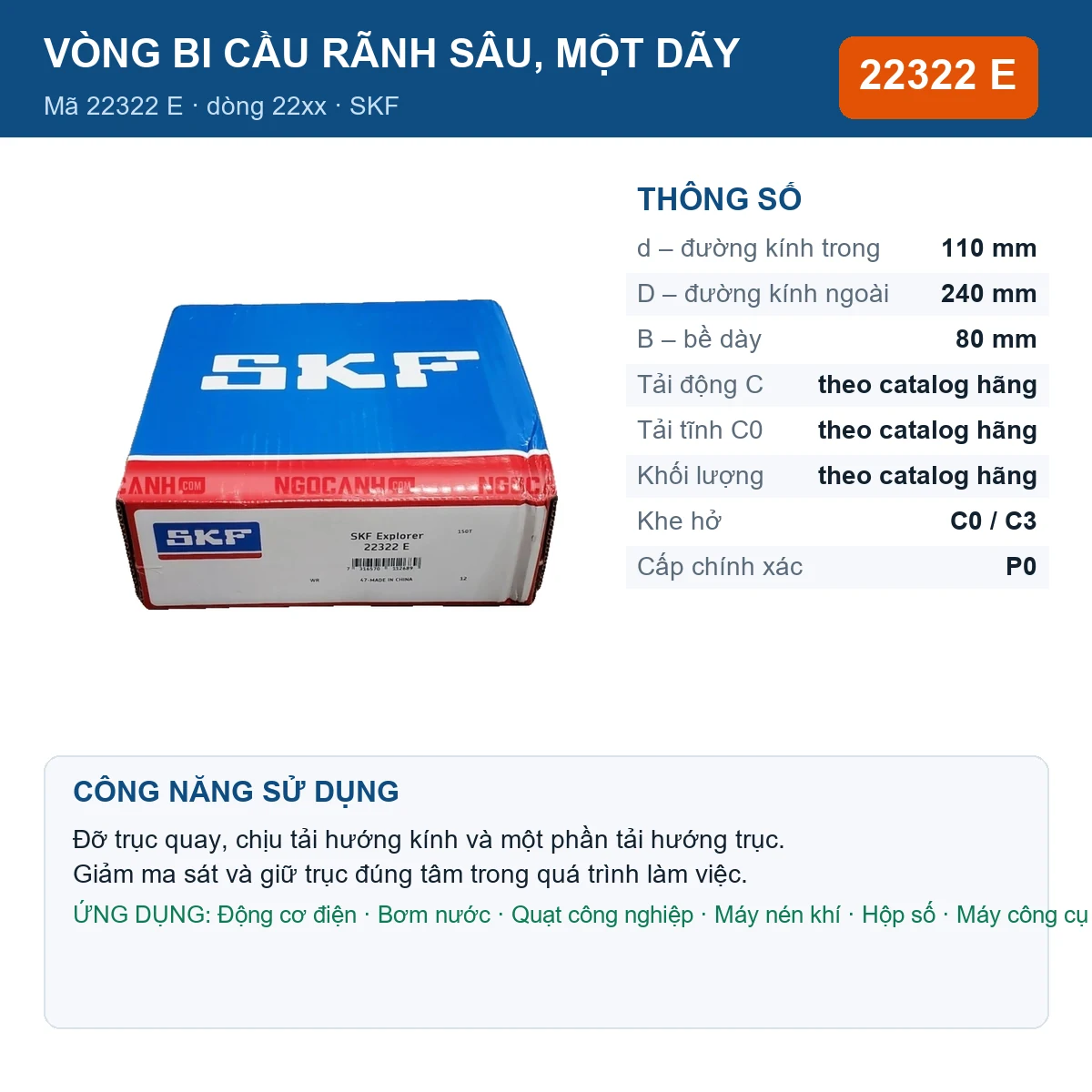 Vòng bi SKF 22322 E — kích thước 110x240x80mm