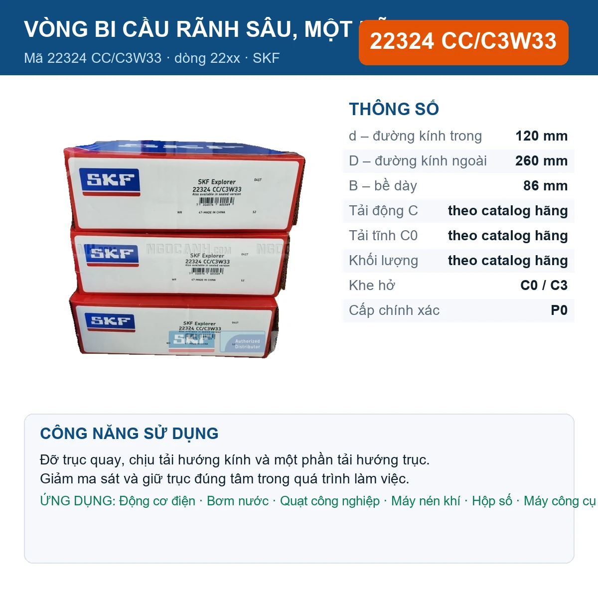 Vòng bi SKF 22324 CC/C3W33 — kích thước 120x260x86mm