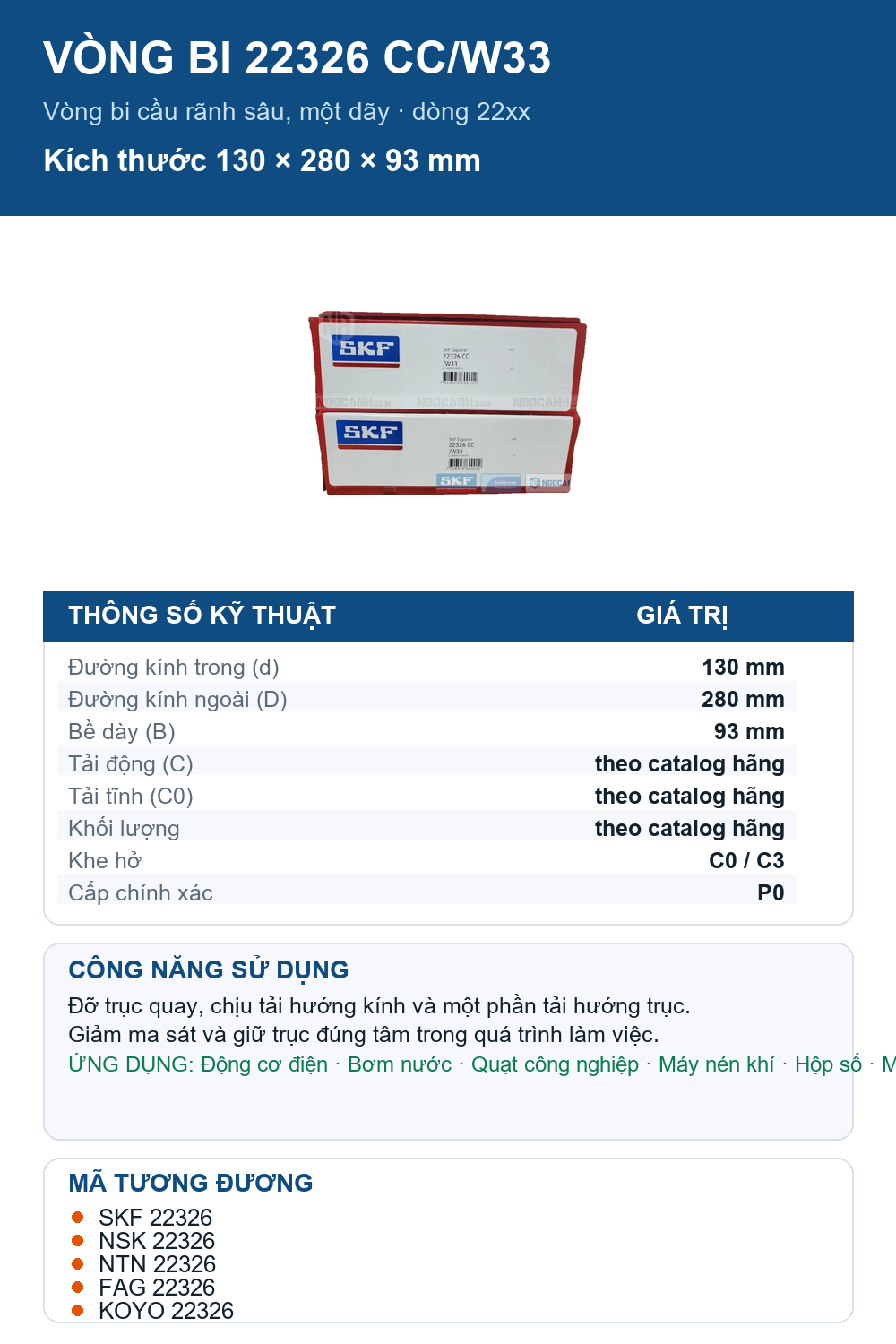 Vòng bi SKF 22326 CC/W33 130x280x93mm — Ảnh thông số (Pinterest)