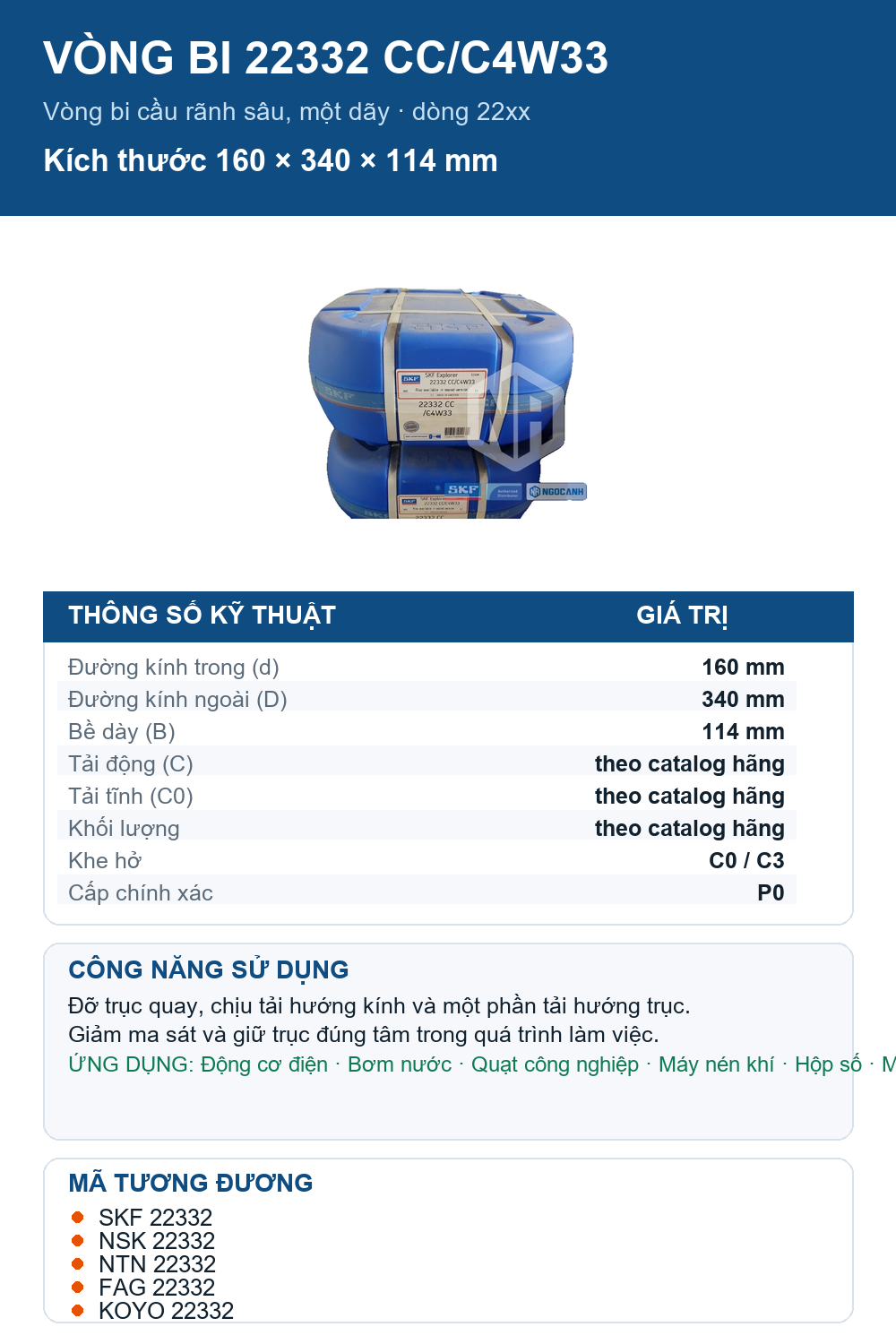 Vòng bi SKF 22332 CC/C4W33 160x340x114mm — Ảnh thông số (Pinterest)
