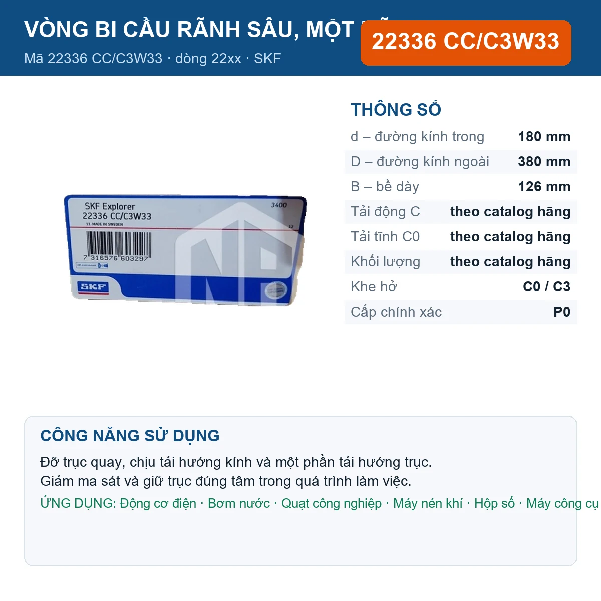 Vòng bi SKF 22336 CC/C3W33 — kích thước 180x380x126mm