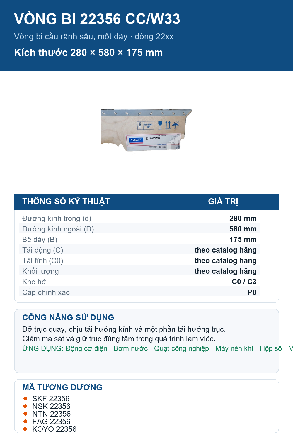 Vòng bi SKF 22356 CC/W33 280x580x175mm — Ảnh thông số (Pinterest)